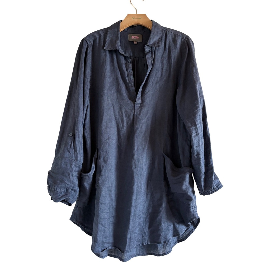 Forcynthia Beachwear Navy Blue 100% Linen Tunic Top Roll Tab Sleeve Large